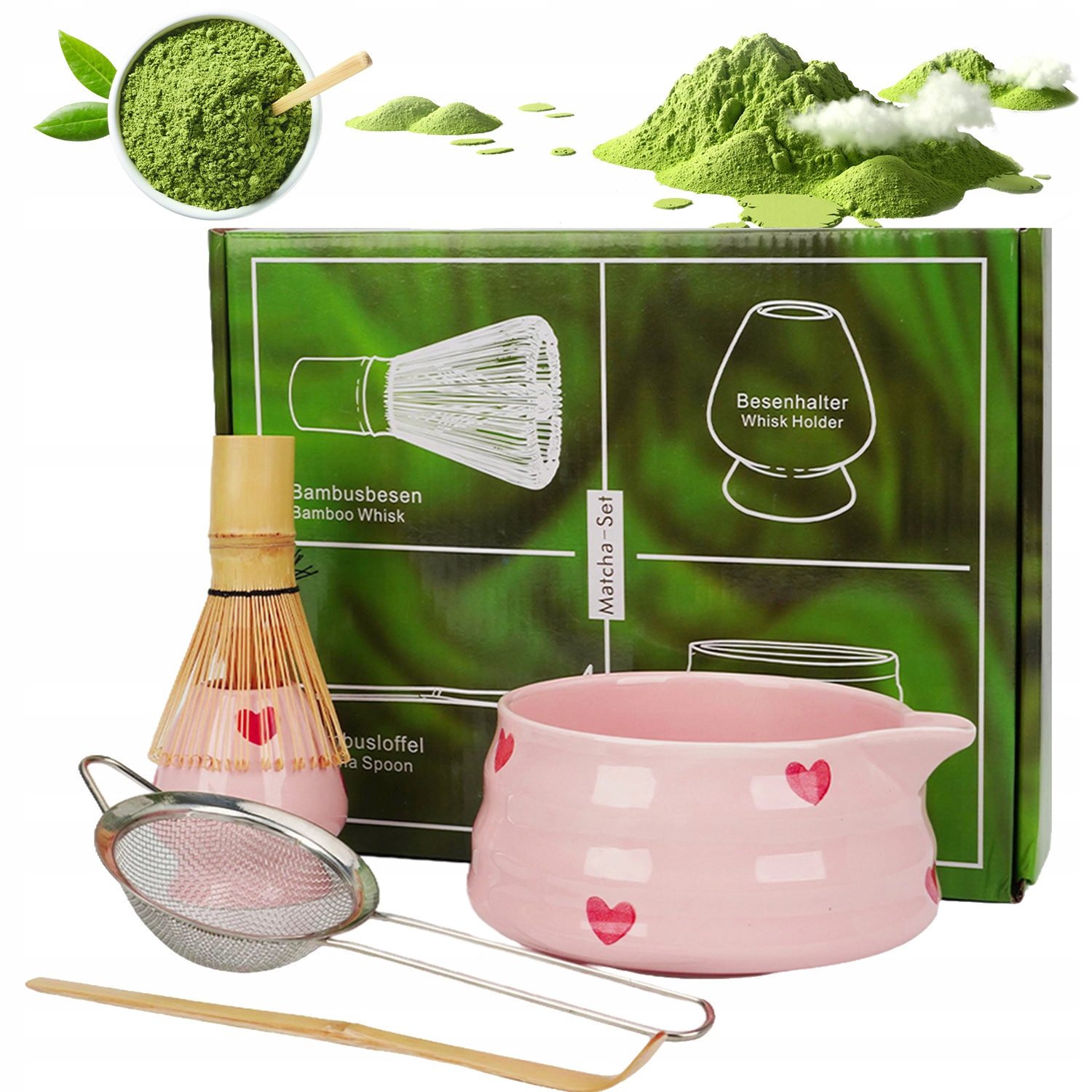 Levně Dárková Sada Matchy Premium 5V1 Růžové Srdce Obřad Čaj