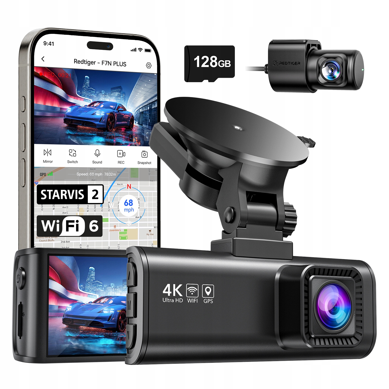 Videorekordér Redtiger F7NP 4K s dvojitou palubnou kamerou, Gps, WiFi, superkondenzátorom 128 Gb