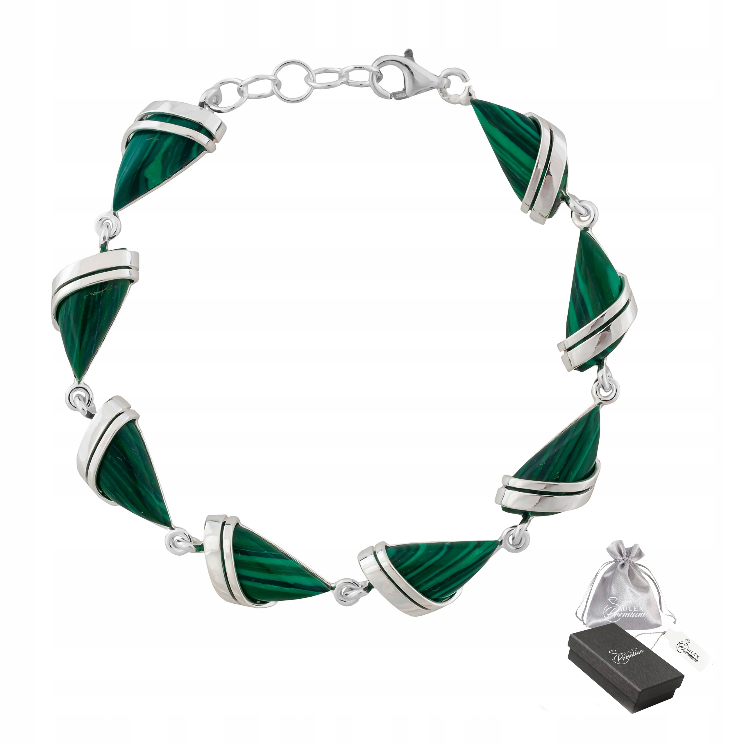 Elegantní geometrický stříbrný náramek ryzost 925 se zeleným malachitem