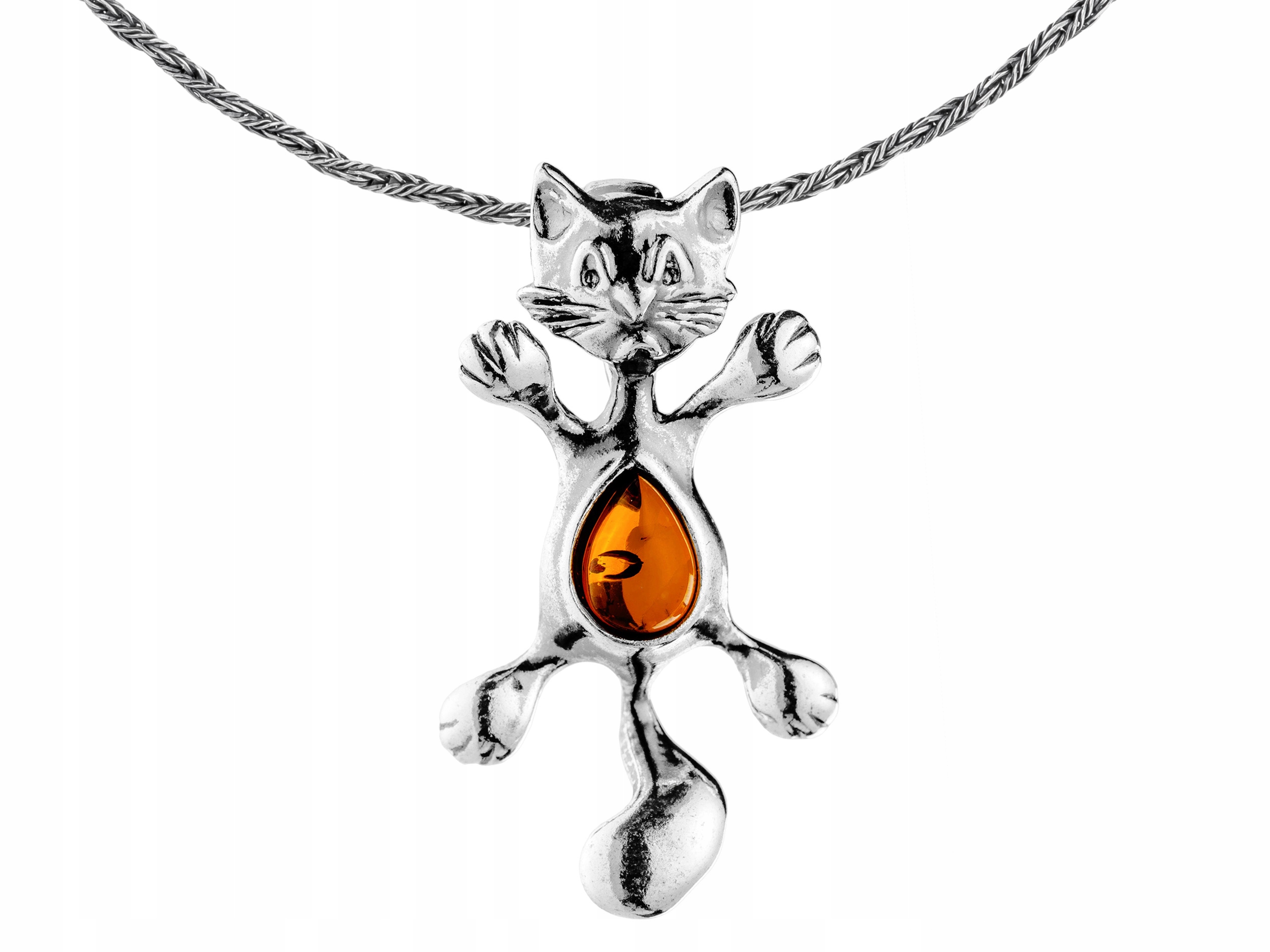 Velký stříbrný náhrdelník Kočka s jantarem Oxidovaná Kočička Krátký Choker 40