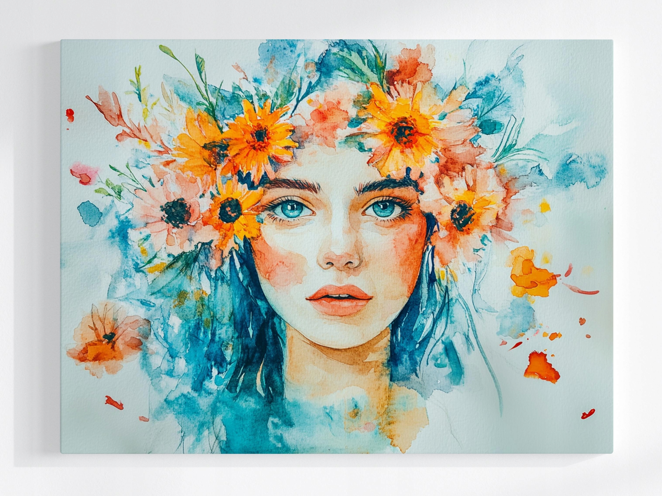 Obraz Na Plátně Canvas Tyrkysová Dáma Portrét Květiny Akvarel Boho 80x60