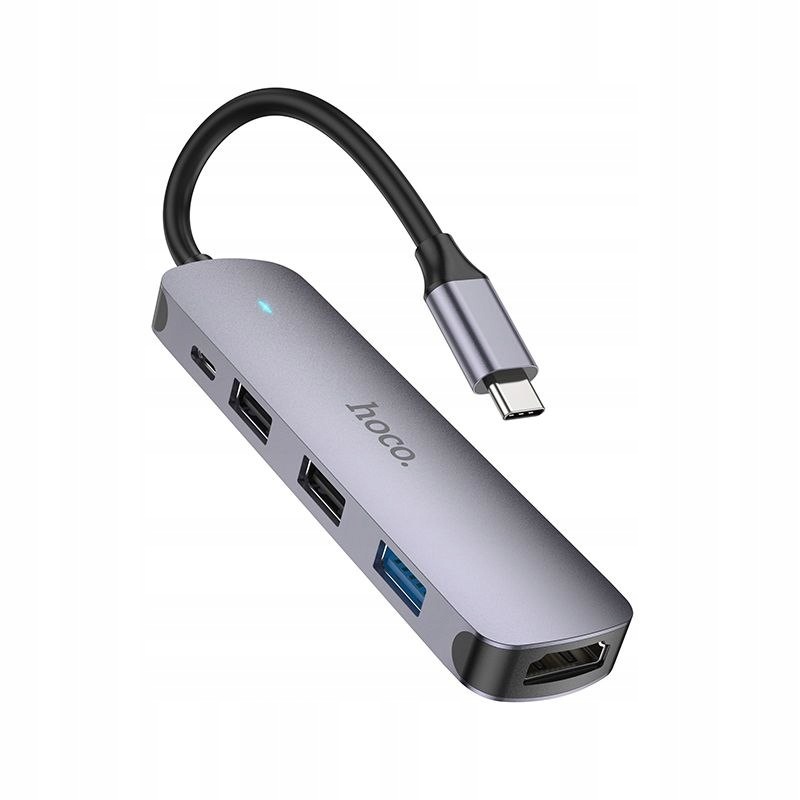 Adapter Hub 5w1 (hdtv+usb 3.0+USB 2.0 x 2+PD) Usb-c Hoco HB27 szary