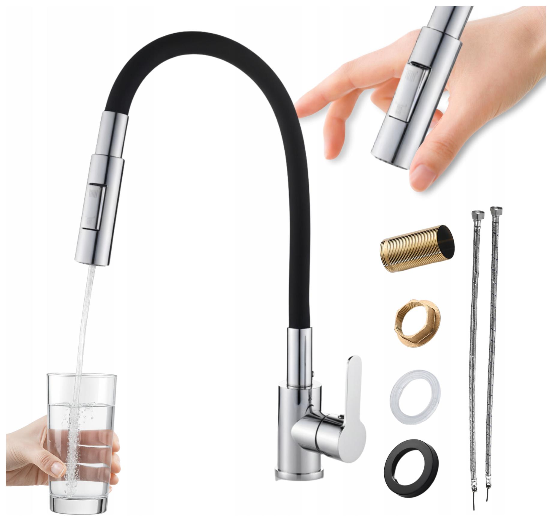 Kuchyňská baterie Chrom Elastická Černá výpusť Kohoutek do kuchyně Reno