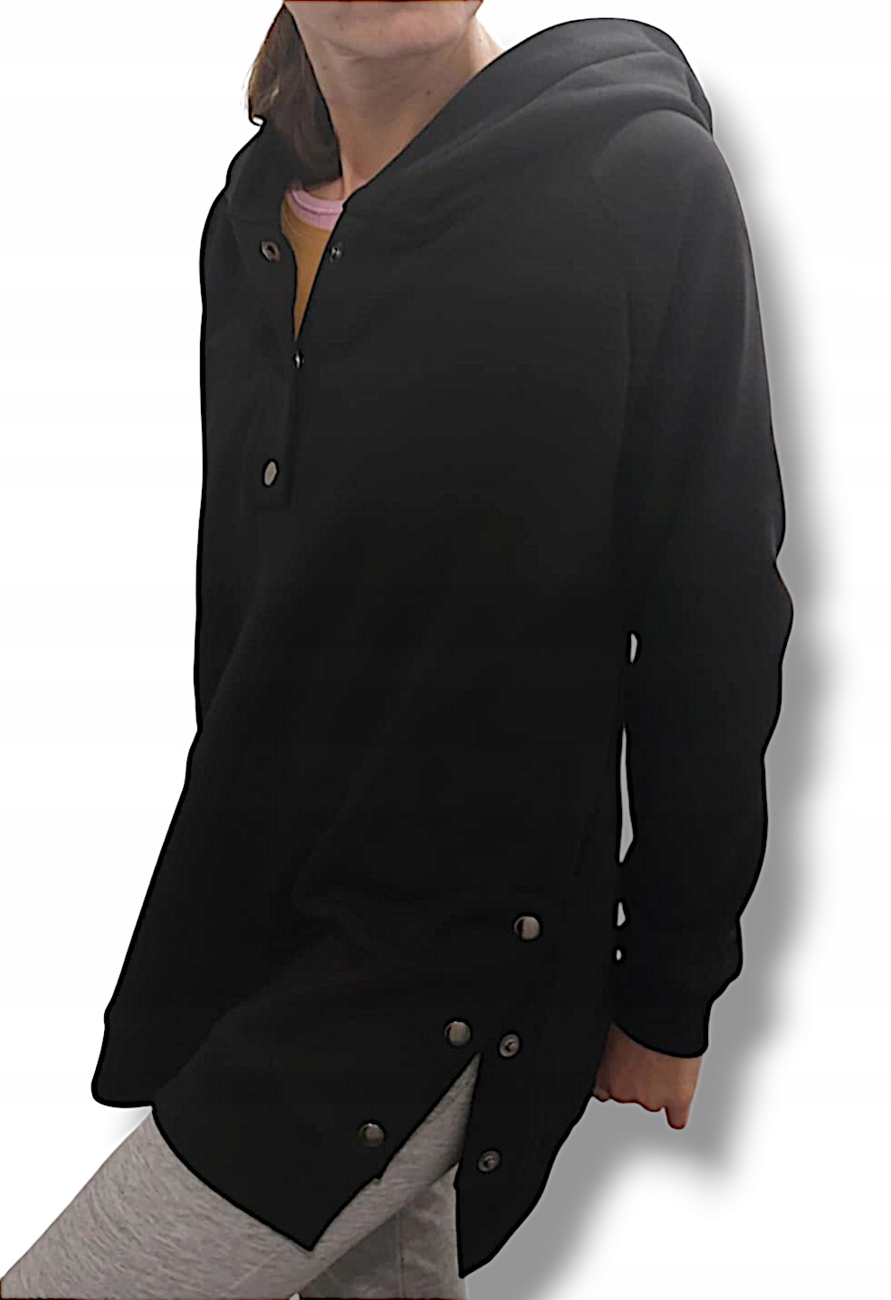 Mikina s kapucí se zapínáním na druky, černá bavlna, velikost XXL