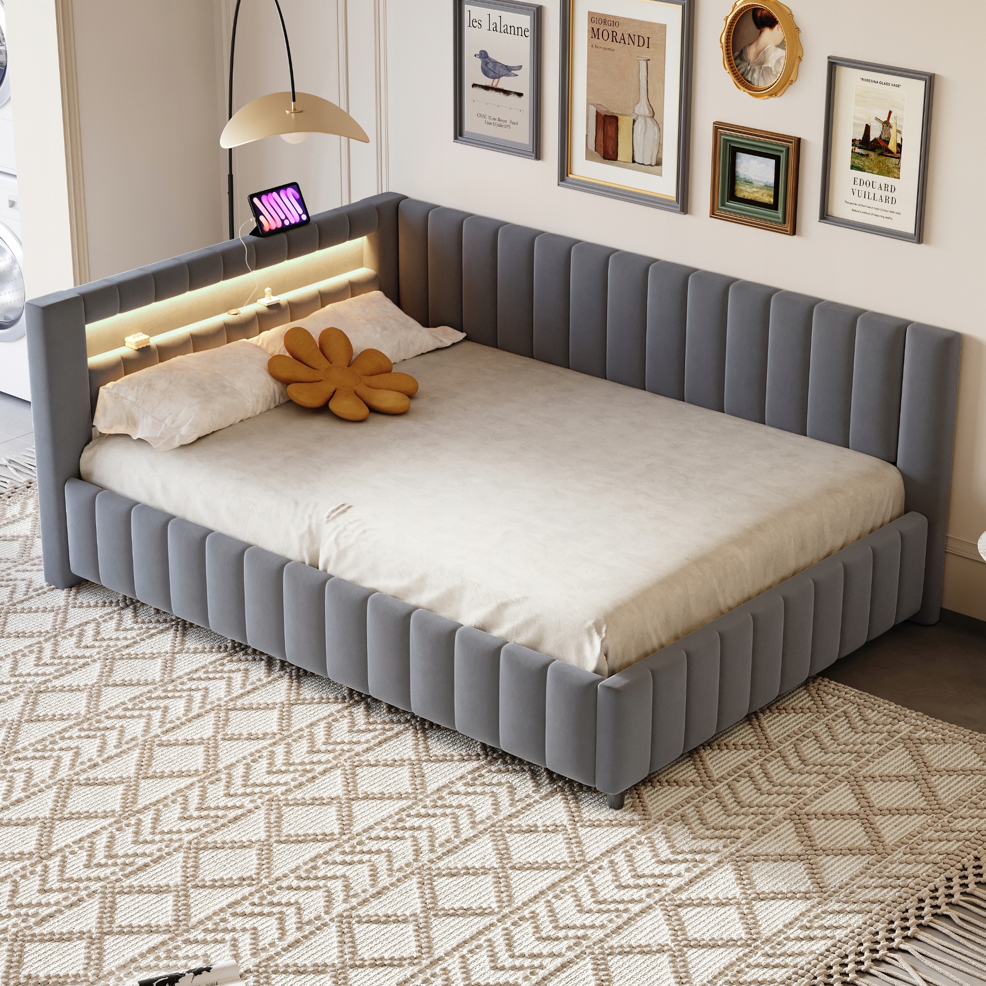 Čalouněná postel Sofa s funkcí spaní Led Usb 140x200 cm šedá