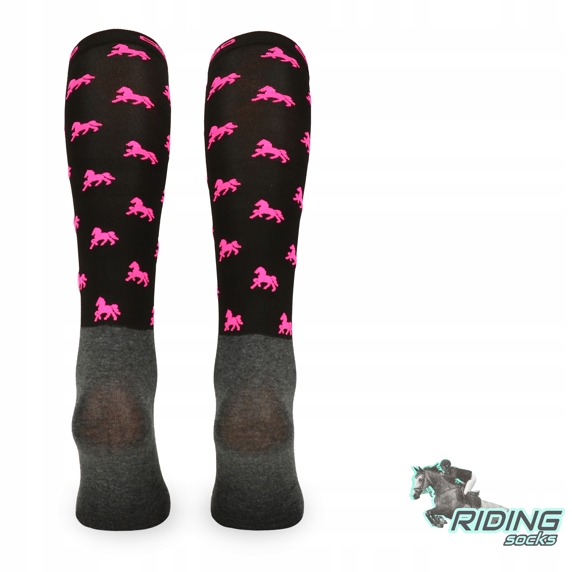 Podkolanówki jeździeckie z mikrofibry czarne konie Rozmiar 39-42