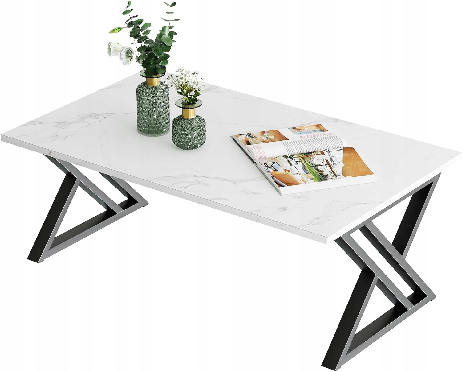 Konferenčný Stolík Loft 100x48 cm Mramor Biely čierny Obývačka Moderný kovový