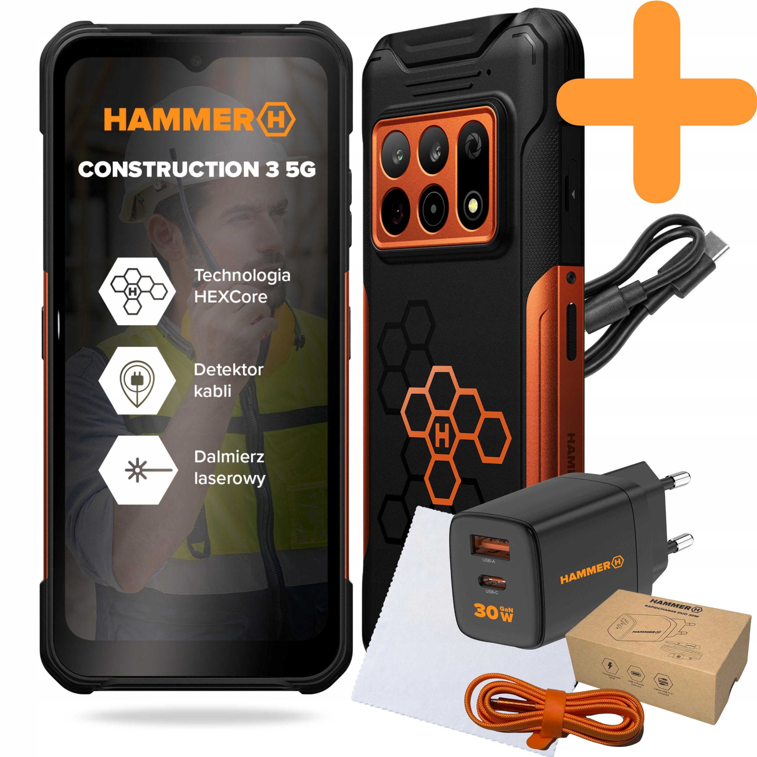 Smartfon Hammer Construction 3 5G 6/128GB Pancerny Detektor Kabli Zestaw