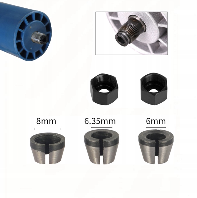 ZESTAW 3 TULEJEK REDUKCYJNYCH DO FREZARKI Z 2 NAKRĘTKAMI: 6MM, 8MM, 6,35MM