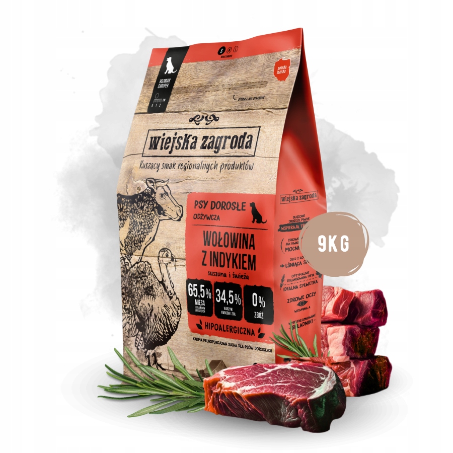 Levně Wiejska Zagroda Krmivo suché pro psa Hovězí Maso Krůta Zelenina Malá plemena S 9 kg