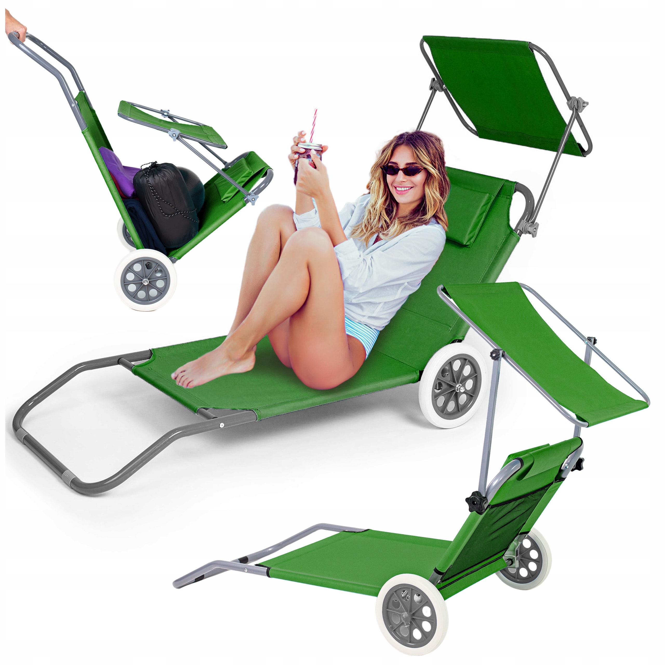 Leżak Składany Ogrodowy Plażowy Fotel Wózek Na Kółkach Leżanka Z Daszkiem