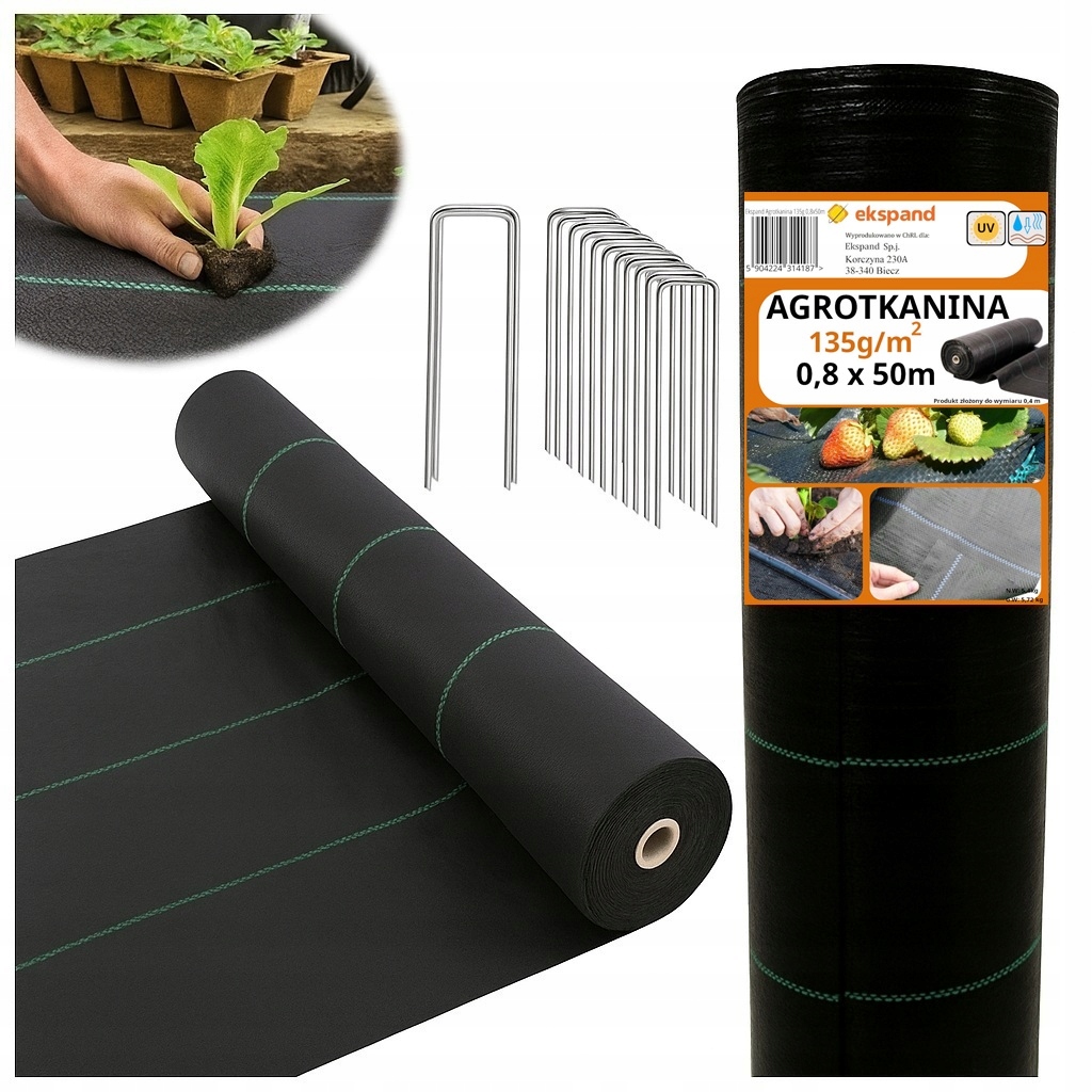 AGROTKANINA 135g 0,8x50m AGROWŁÓKNINA czarna UV antychwastowa mata +SZPILKI