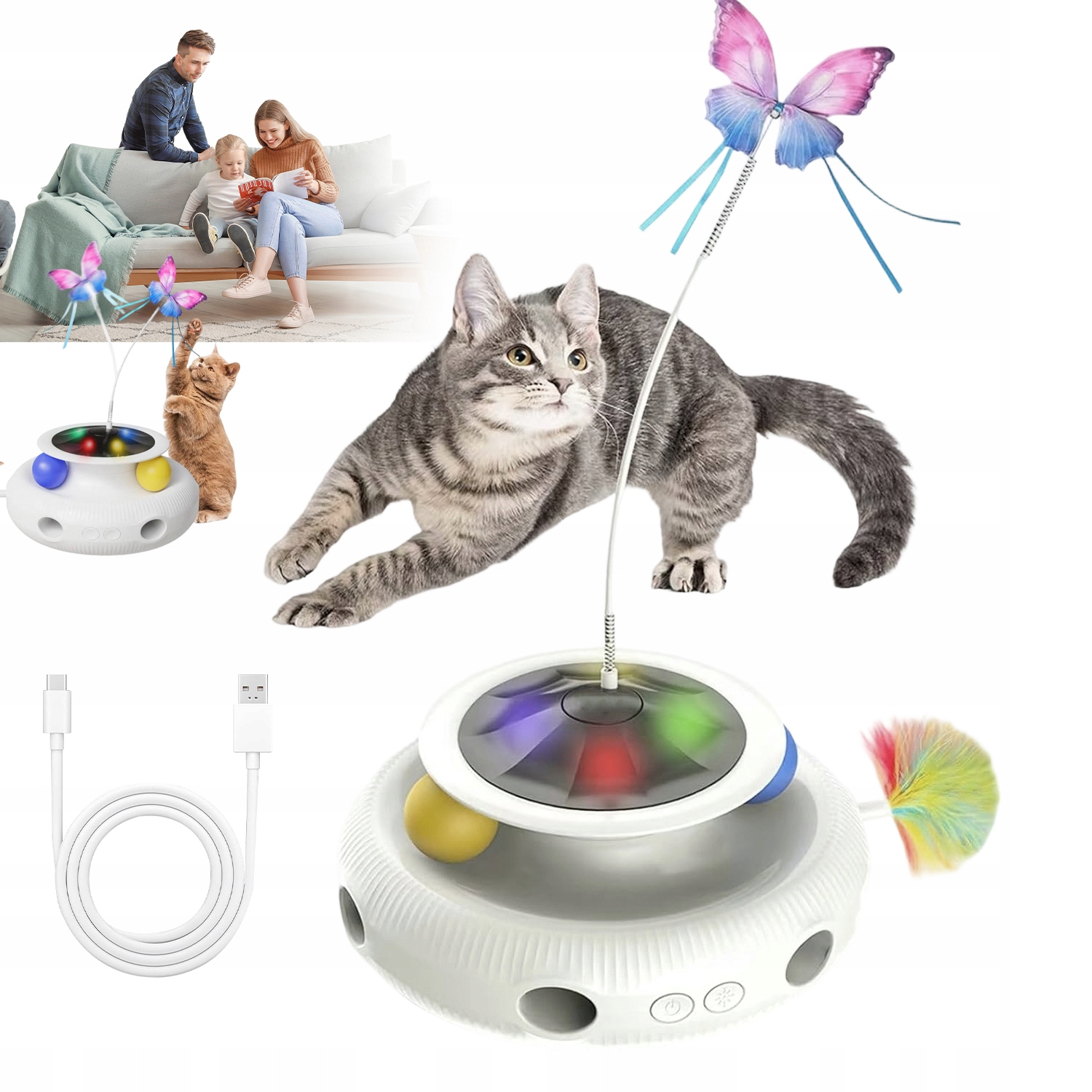 Levně Interaktivní Hračka Pro Kočky 4V1 Elektronická Sada S Usb Peřím