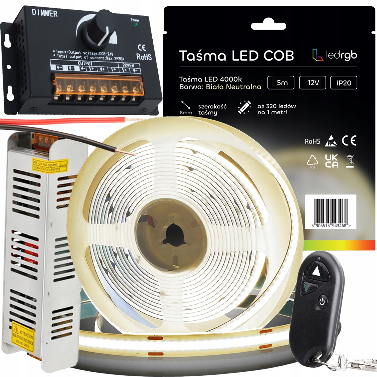 Sada Led pásků Neon Cob 12V 5 m 4000K Bílá Neutrální Napájecí Zdroj Knoflík