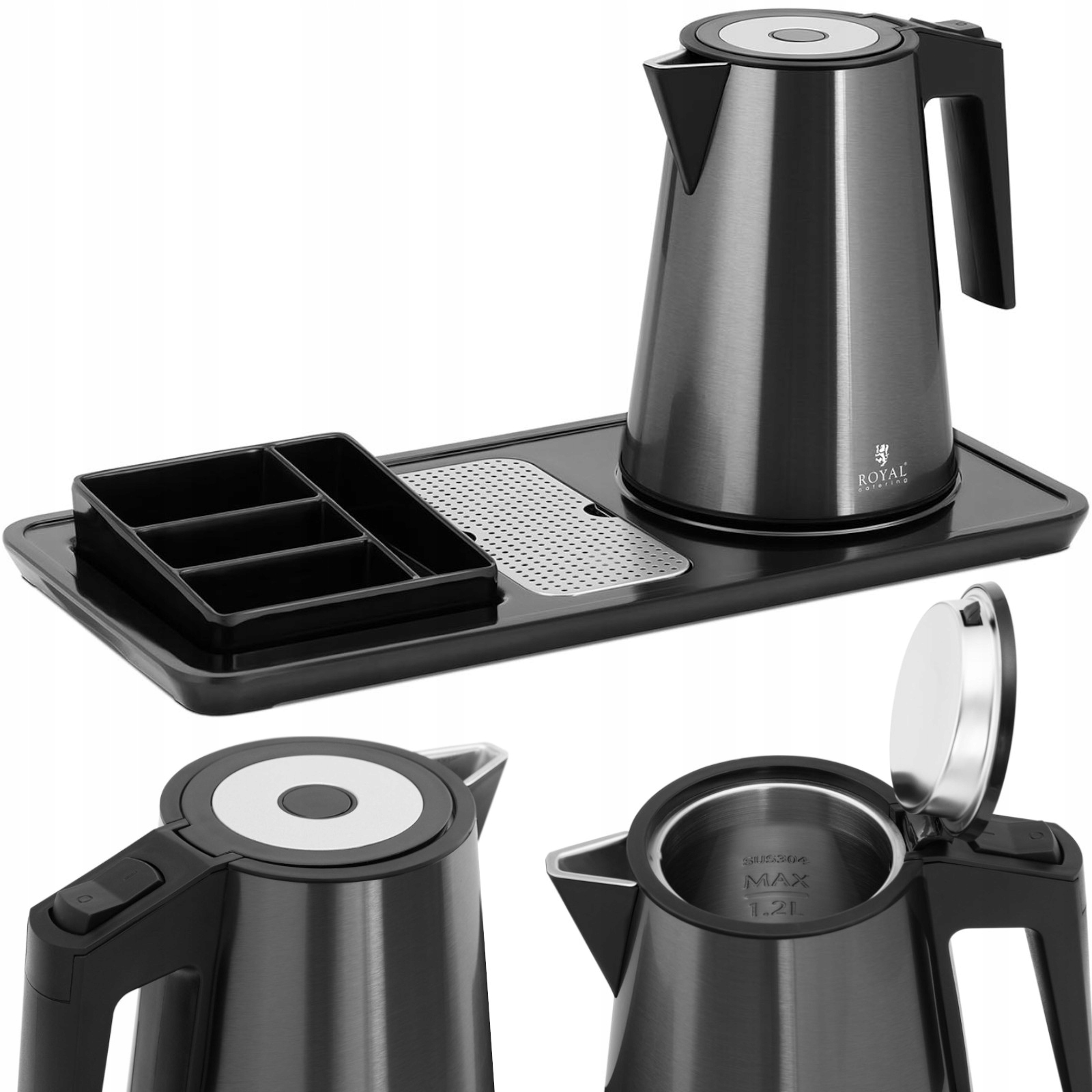 Hotelový uvítací set pro rychlovarnou konvici s podnosem 1,2 l 1800 W černý
