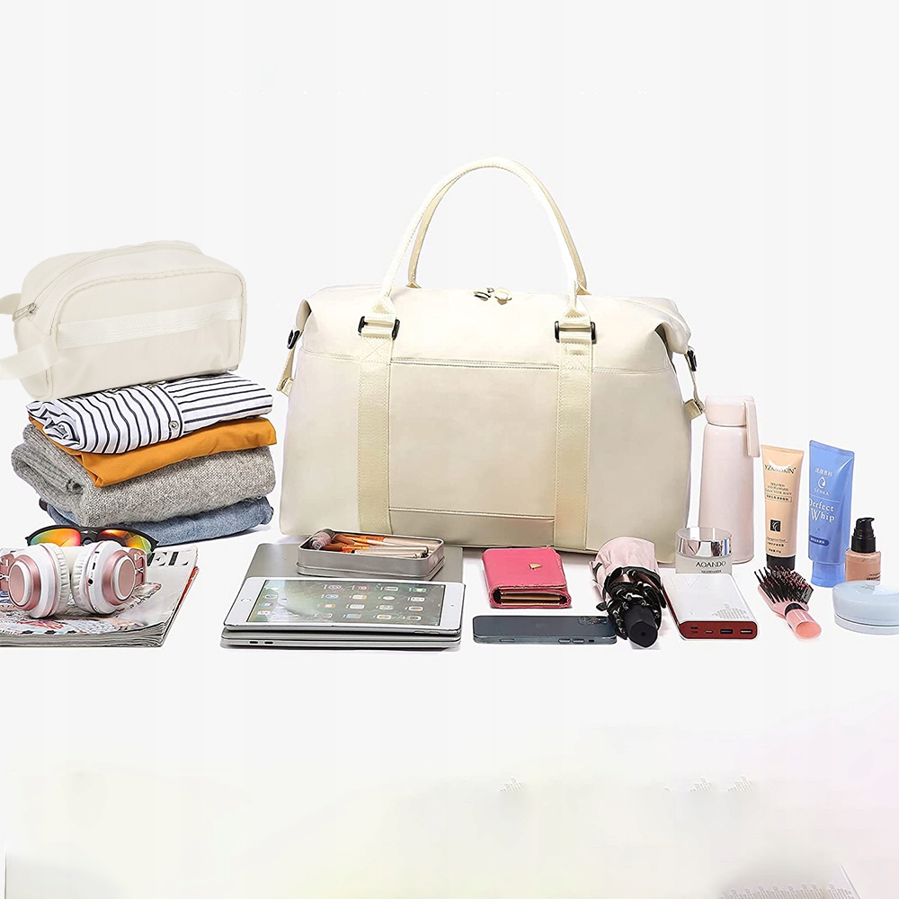 DAMSKA TORBA PODRÓŻNA Z KOSMETYCZKĄ BEŻOWY SPORTY Marka inna