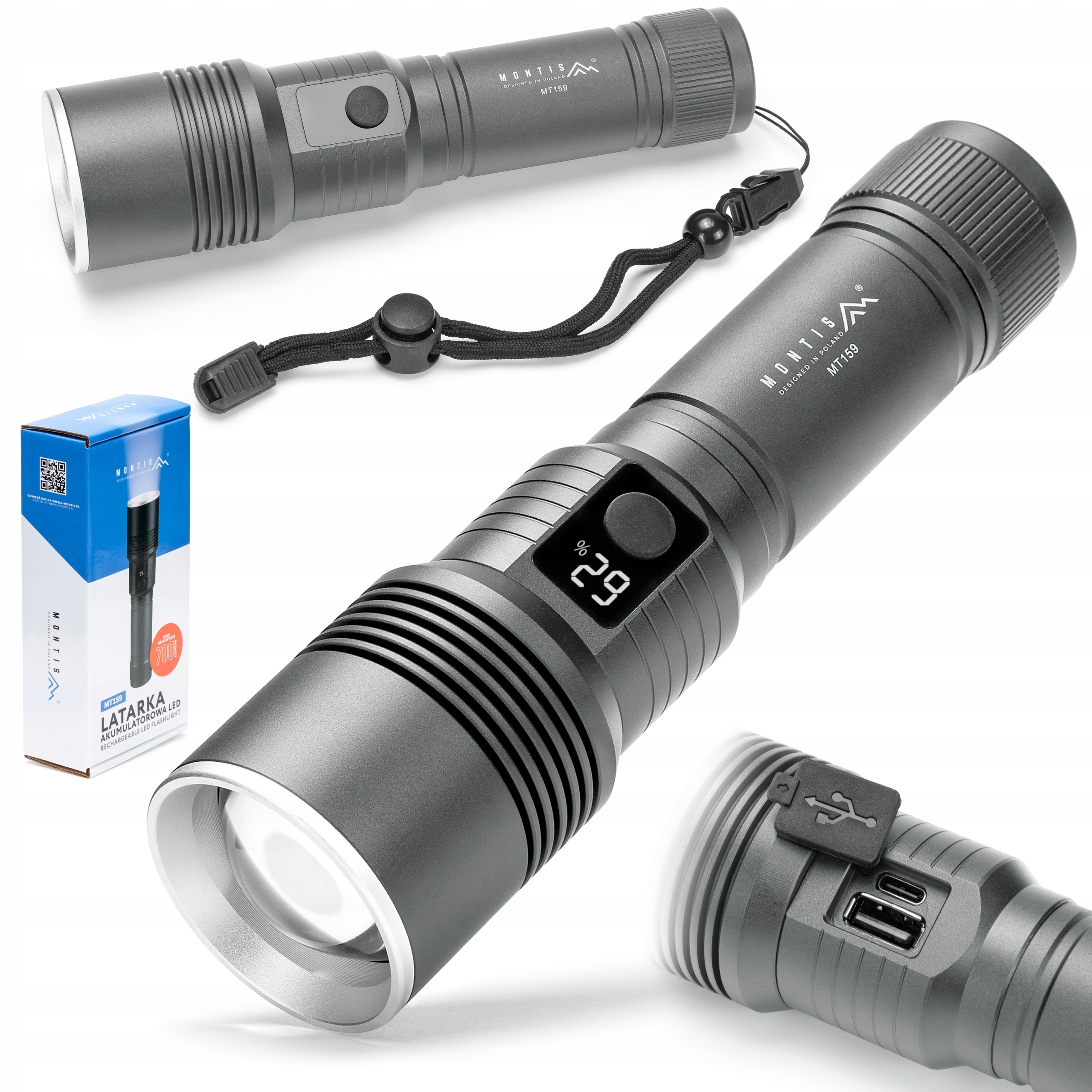 Led Taktyczna latarka akumulatorowa MT159 Montis 5 trybów Sos stroboskop