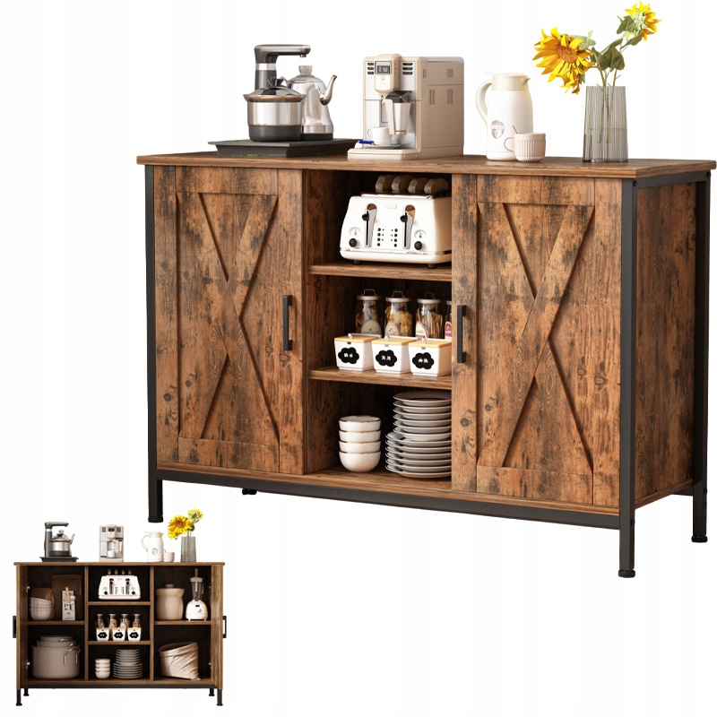 Credenza, mobile laterale con ripiani aperti, cassettiera vintage, cucina, soggiorno, loft