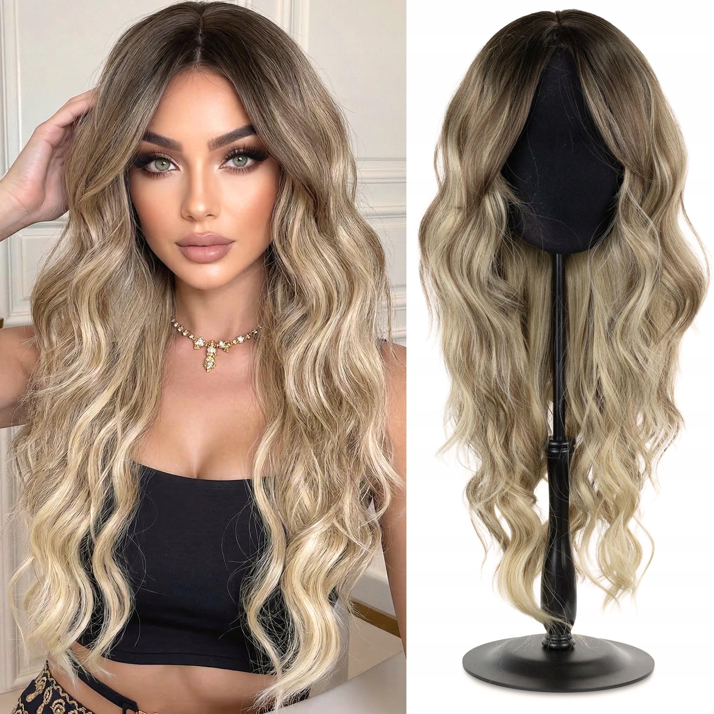 Peruka Syntetyczna z grzywką Włosy Sztuczne długie fale brąz/blond pasemka