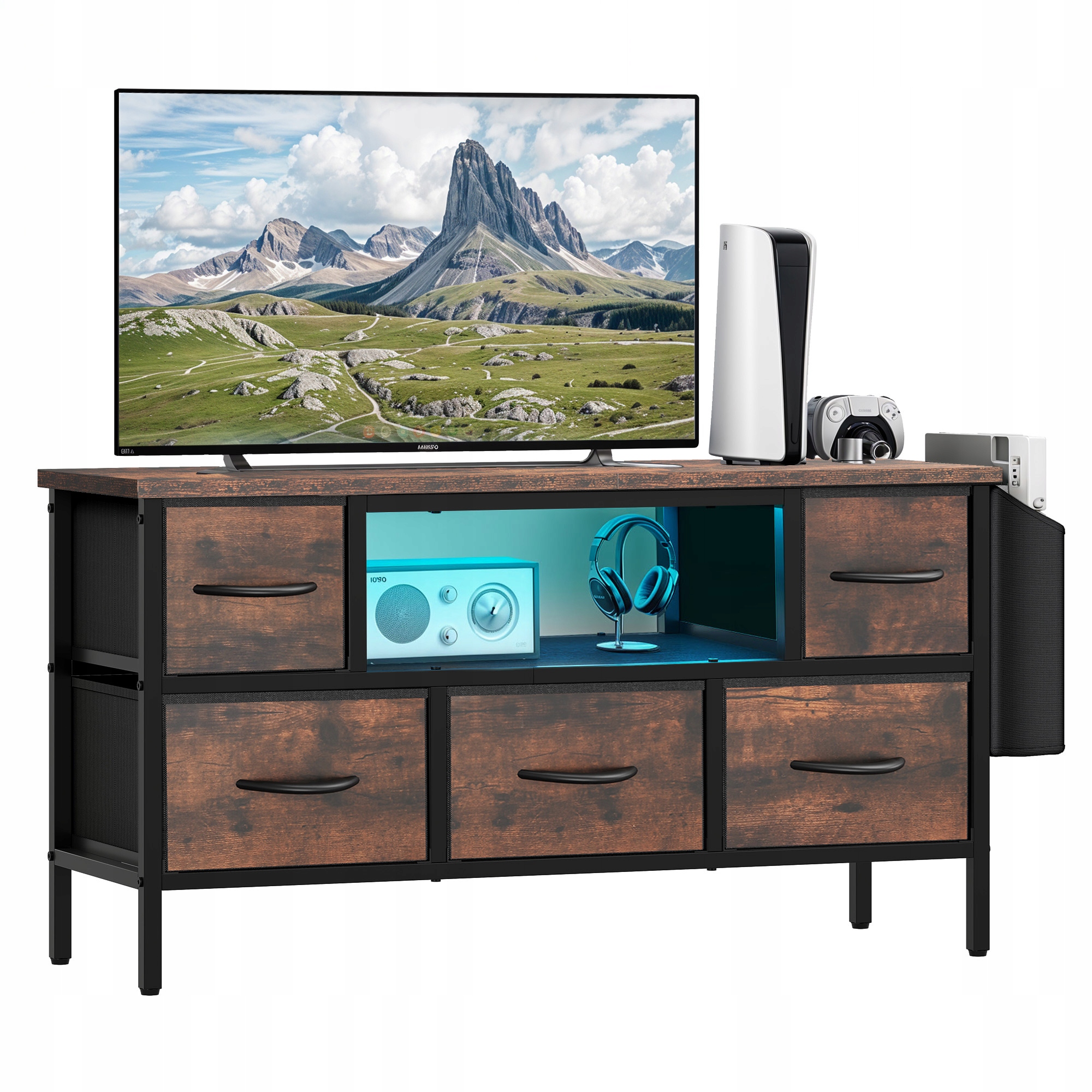 Szafka RTV, 5 Składanych Szuflad i Półek, Podświetlenie RGB LED, 100x35x50 cm