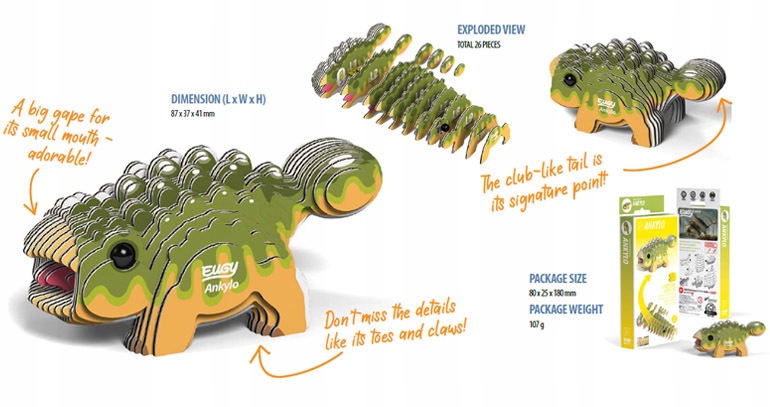 Dinozaur Ankylo. Eko Układanka 3D. Liczba elementów 26