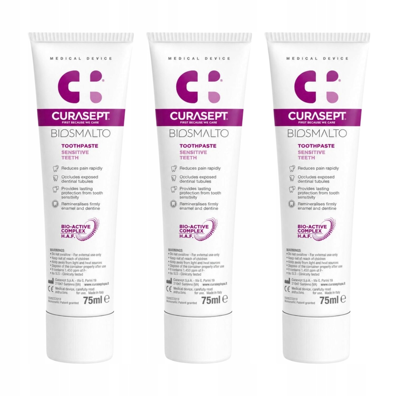 3x75ml Pasta do zębów Curasept Biosmalto Sensitive nadwrażliwość z fluorem