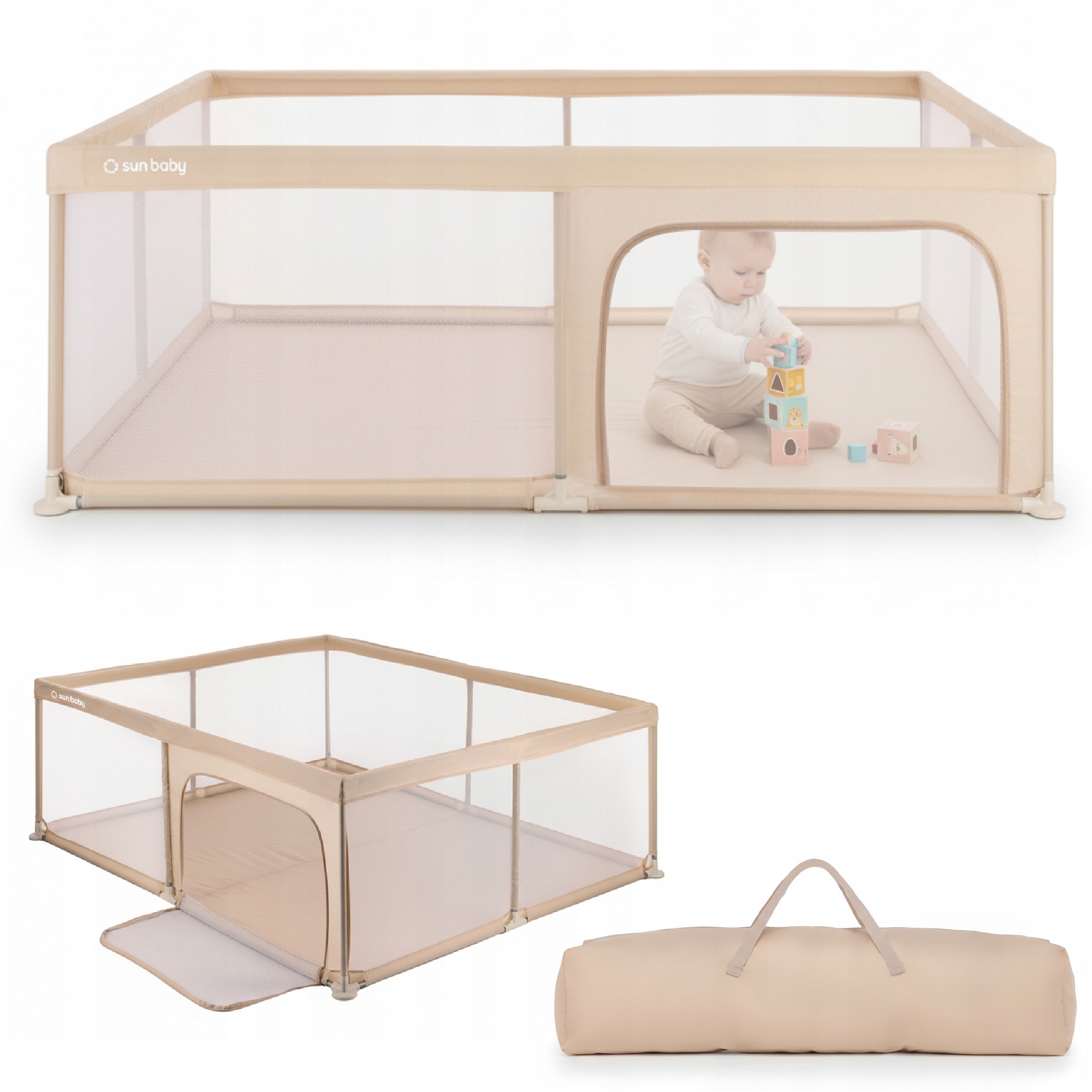 Sun Baby Duży Kojec dziecięcy Plac zabaw z podłogą Suchy basen 150x200 beż