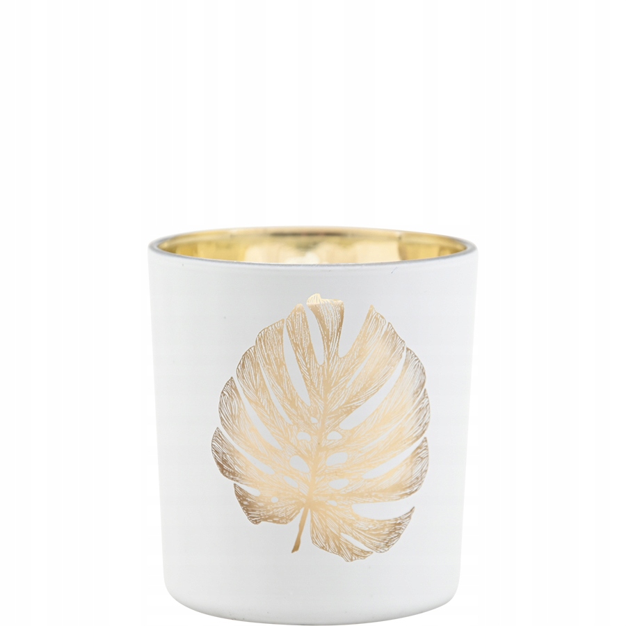 ŚWIECZNIK SZKLANY BIAŁY MOTYW ZŁOTY LIŚĆ 8X6,5CM