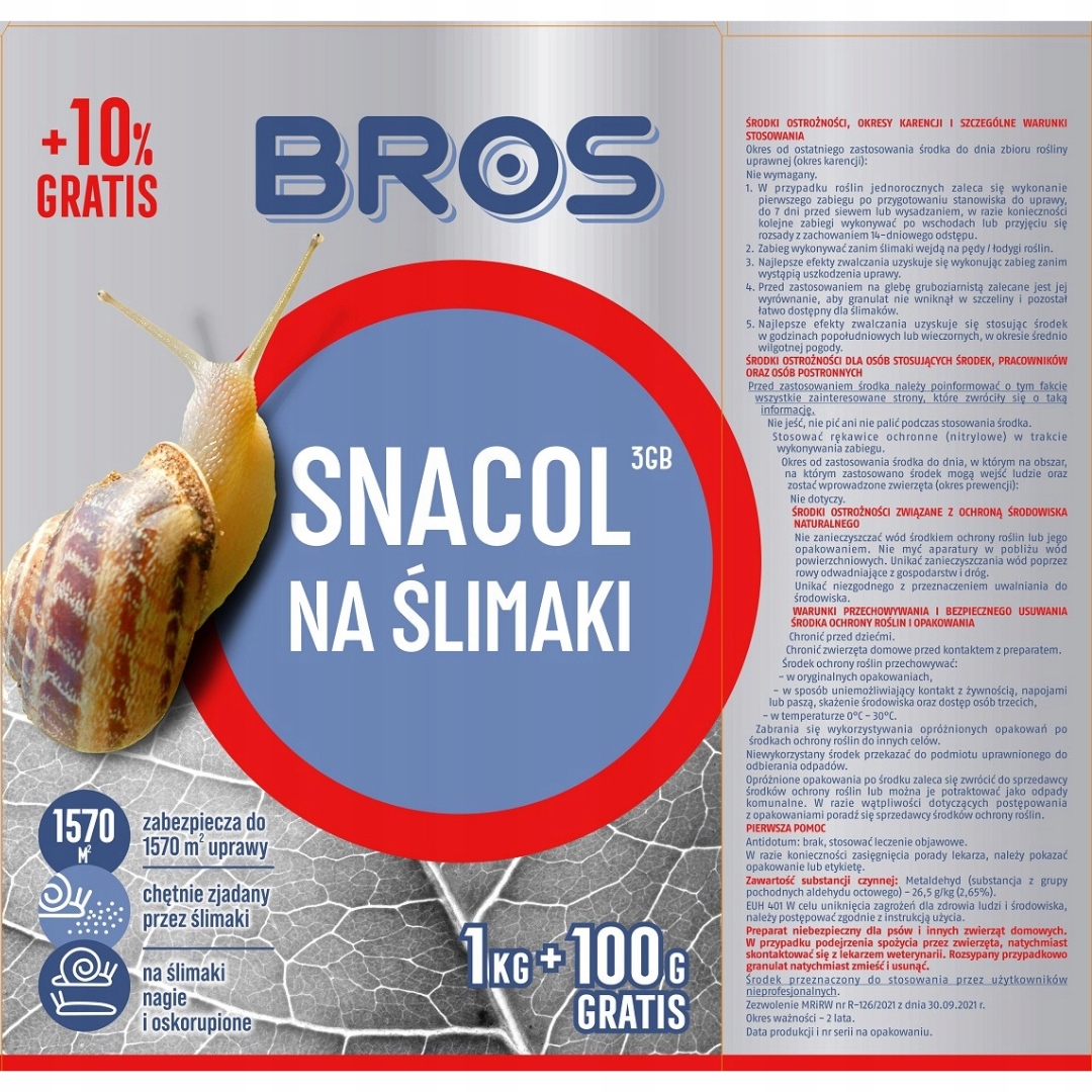 Granulat na Ślimaki Środek Snacol 3GB 1kg+100g zabezpiecza do 1570m2 uprawy Producent Bros