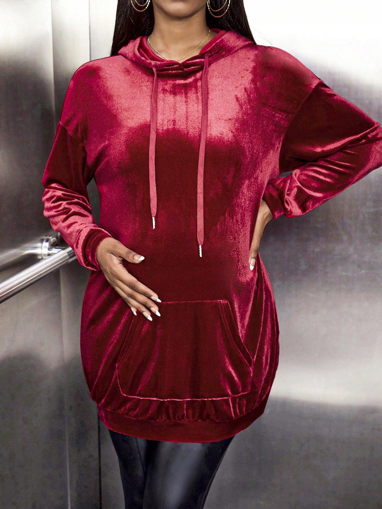 BLUZA BORDOWA CIĄŻOWA AKSAMITNA Z KAPTUREM KIESZEŃ KANGURKA SHEIN 38