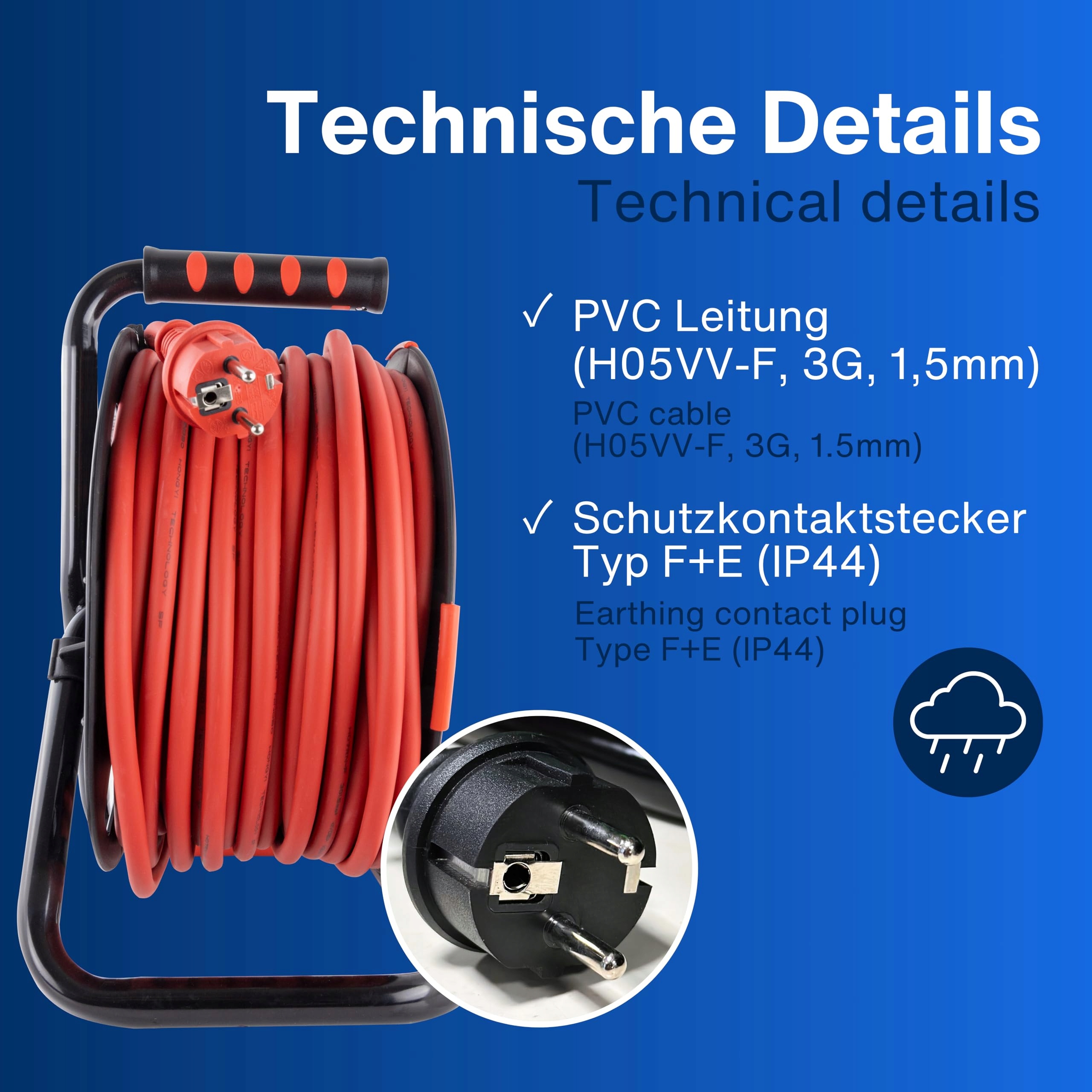 REV Kabel Bębnowy 40m H07RN IP44 3000W Przedłużacz 4 Gniazda — miniatura 6