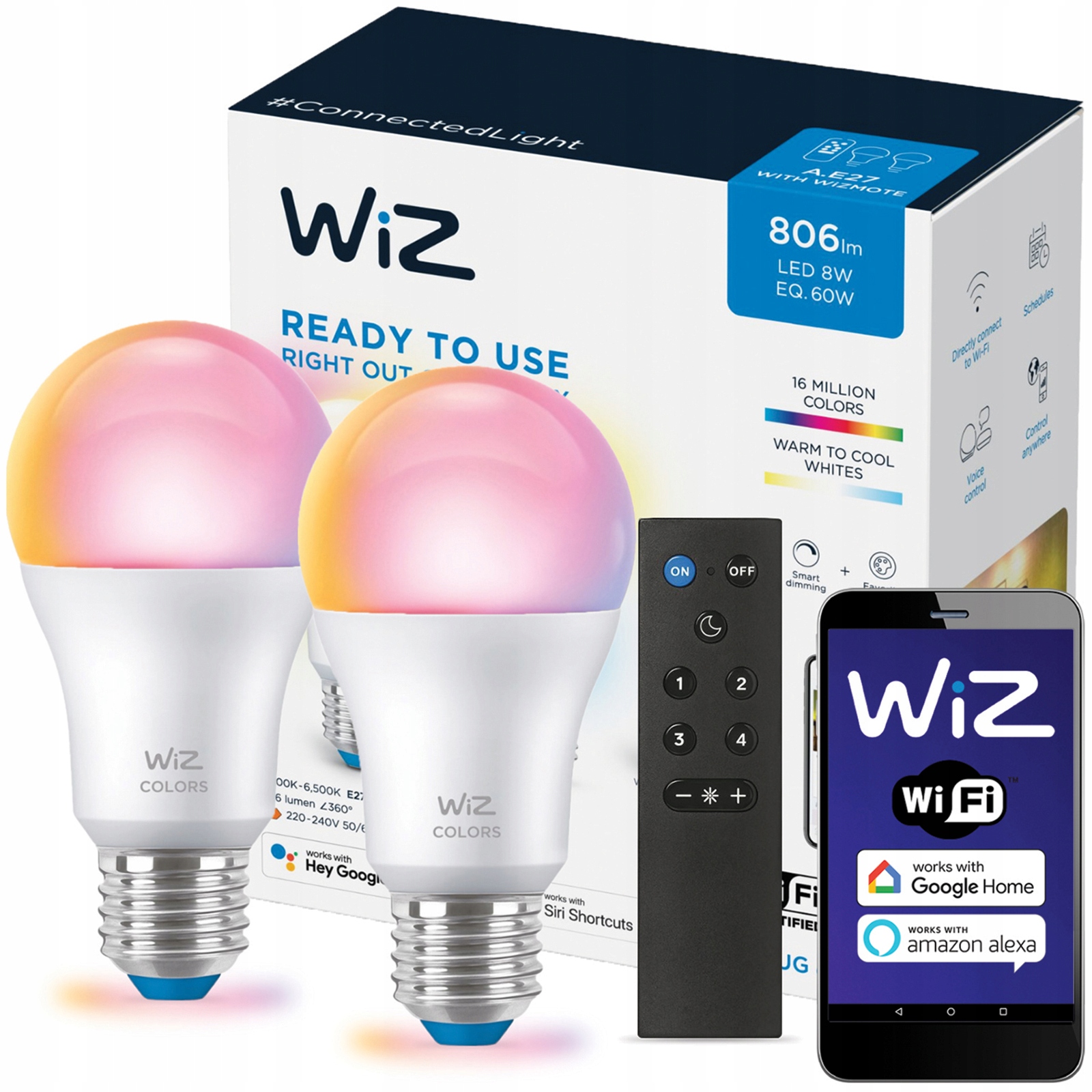 2x Żarówka Led E27 A60 8,5W 60W 2200-6500K Rgb Smart WiFi WiZ Pilot