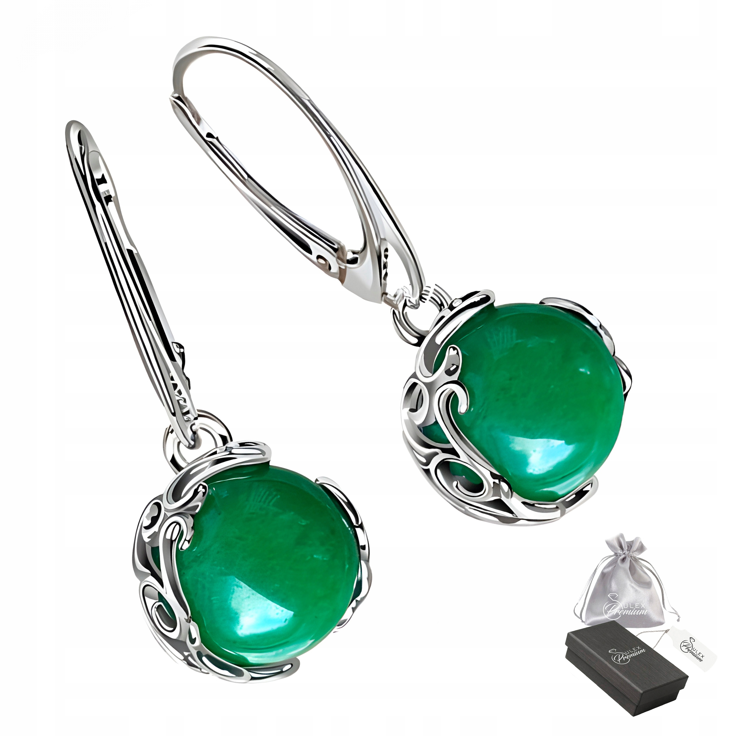 Stříbrné Náušnice ryzost 925 Elegantní s přírodním zeleným achátem Větší