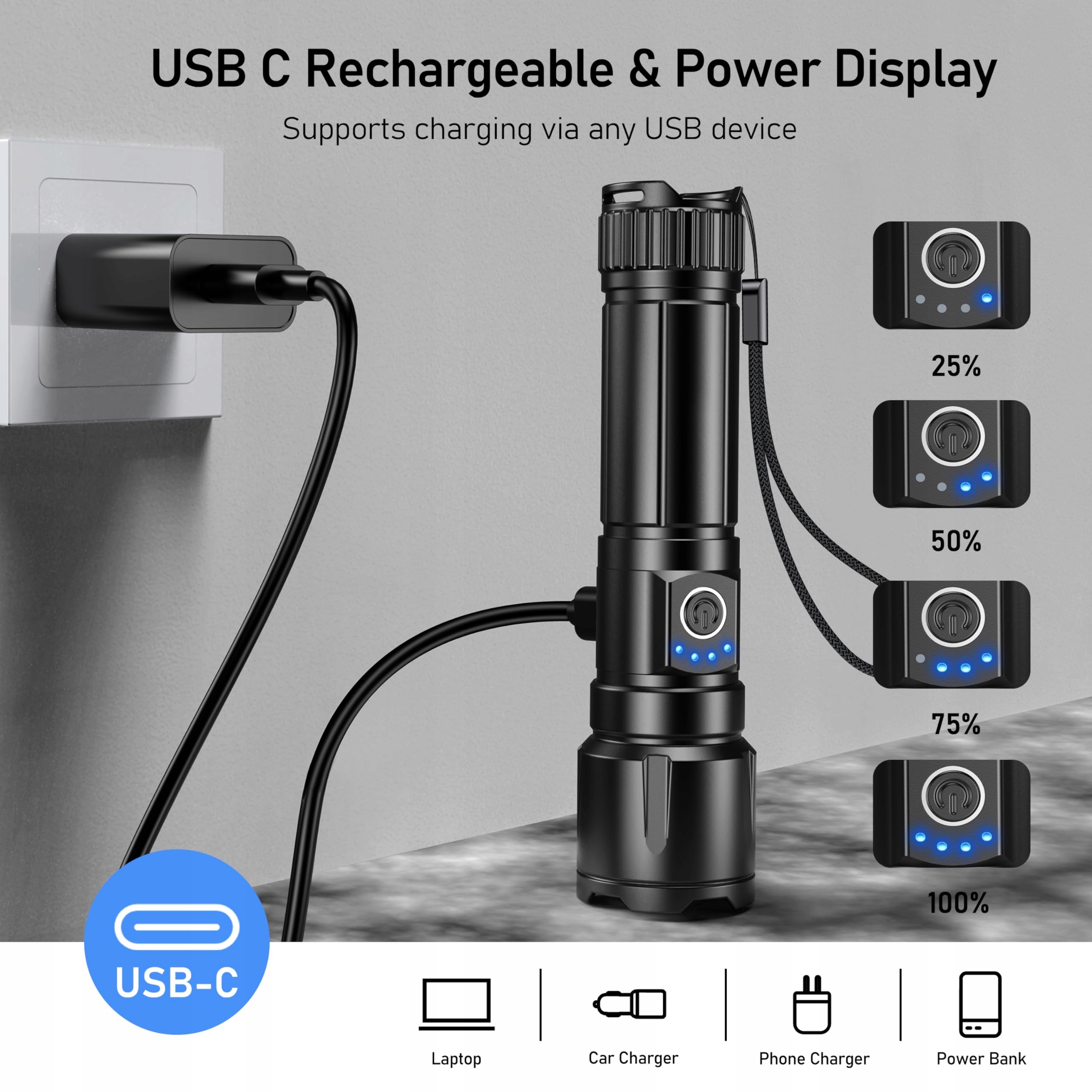 BLUKAR Latarka LED 20000 Lumen IP67 Wodoodporna 5 Trybów Zoom — miniatura 9