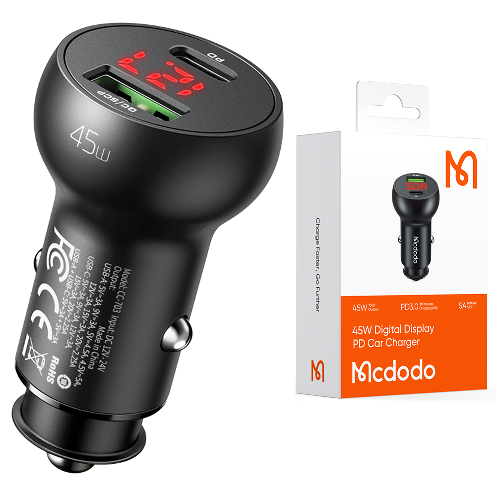 MCDODO ŁADOWARKA SAMOCHODOWA USB/USB-C PD 45W LCD