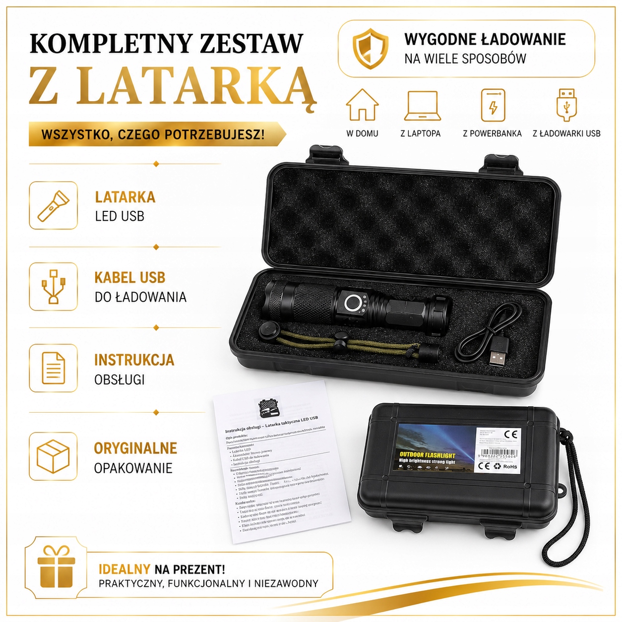 Latarka Taktyczna Led Usb Mocna Akumulatorowa Survival