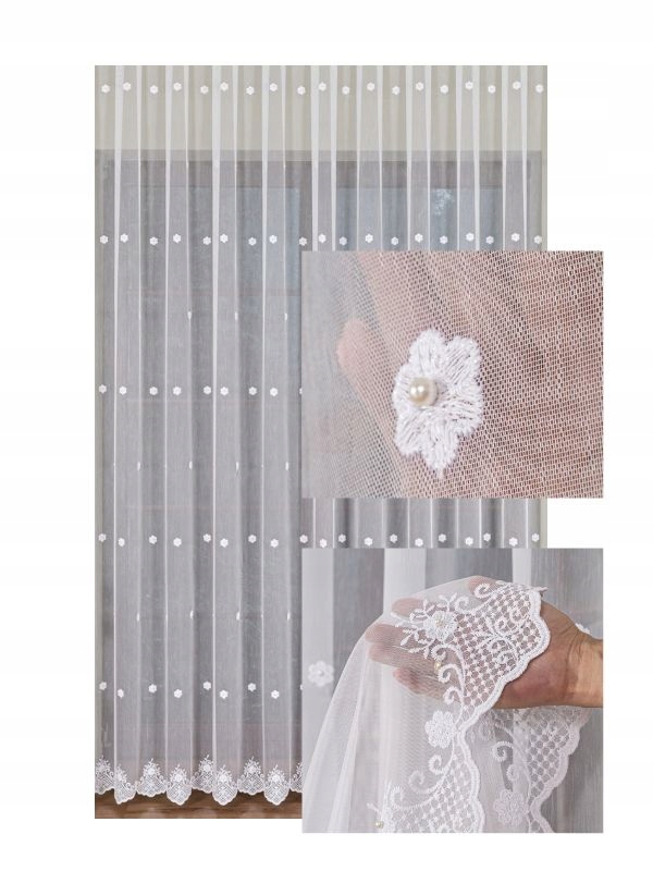 Záclona Bílá Květina s korálkem Neobvyklá s řasící páskou 260x190