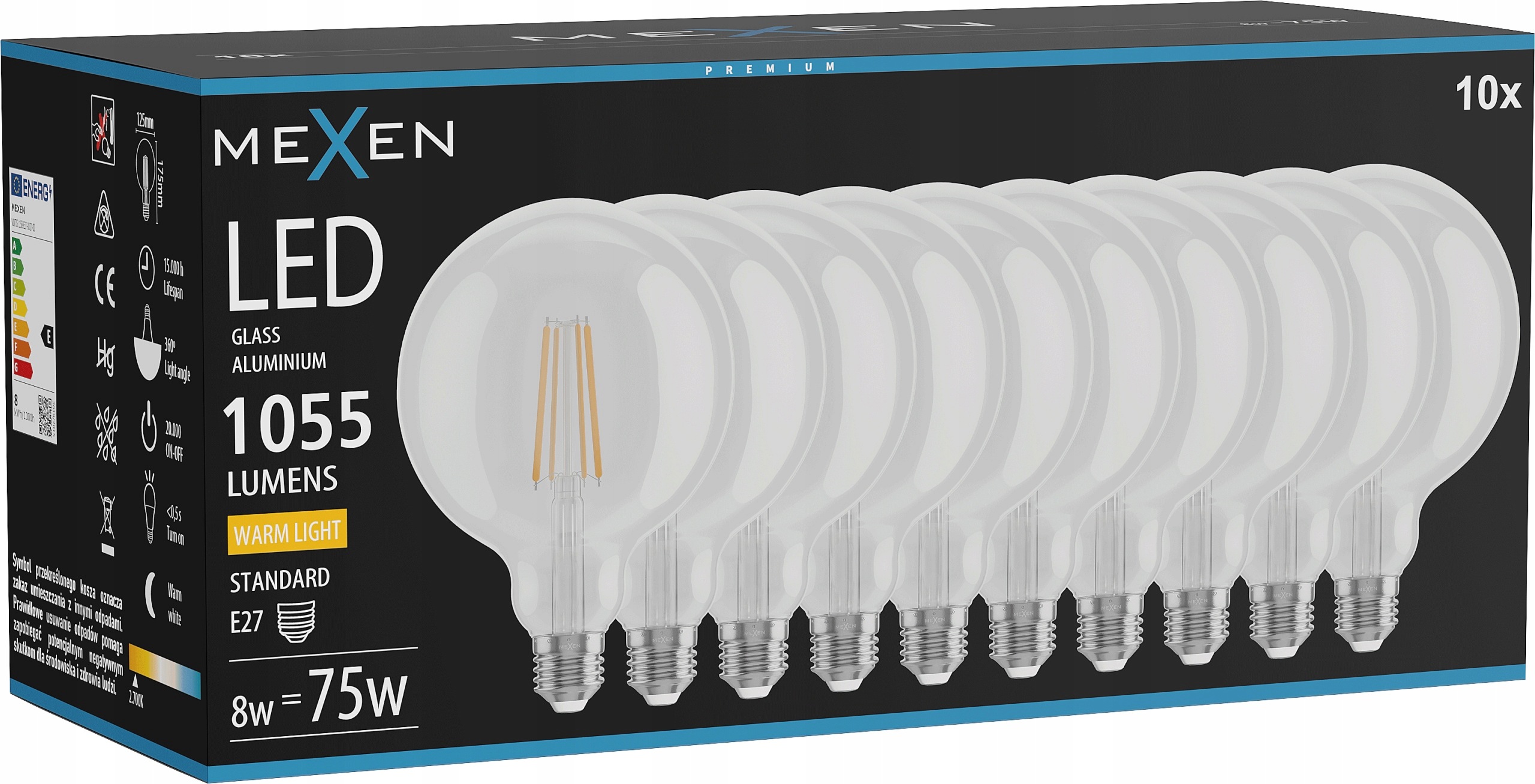 Mexen Vintis 10X Žárovka Filament Led E27 G125 8W 2700K 1055 LM Clear