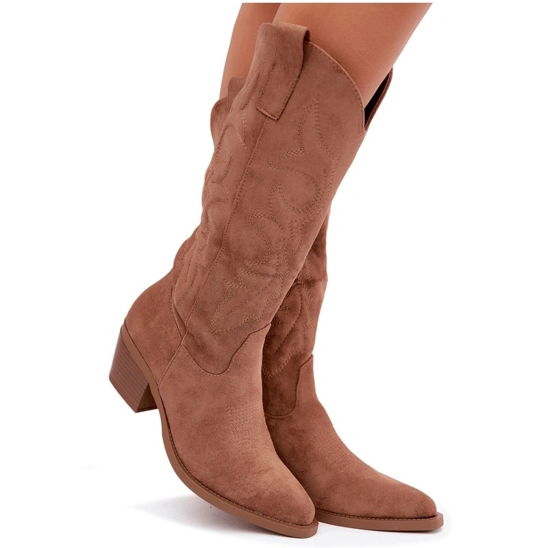 Kozačky Kovbojské Boty Eko Semiš Podpatek Na Zip Camel 40