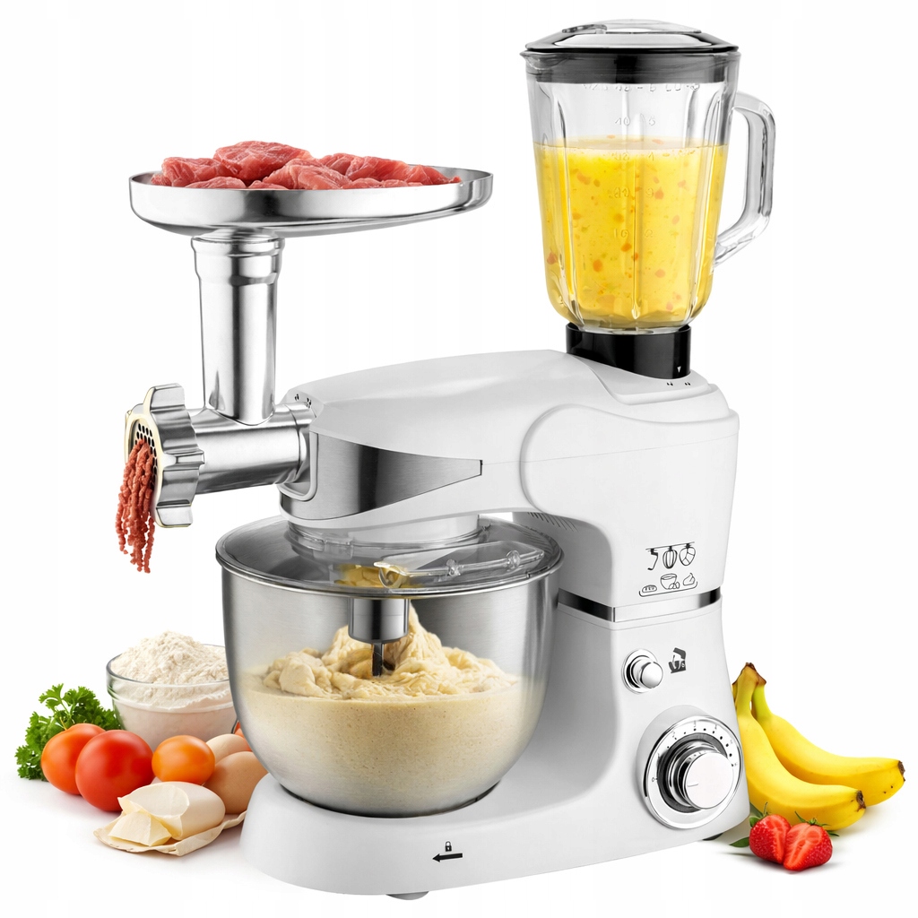 Planetární Robot Blender Mlýnek na maso Mixér 3v1 Velká mísa 5L Bílá