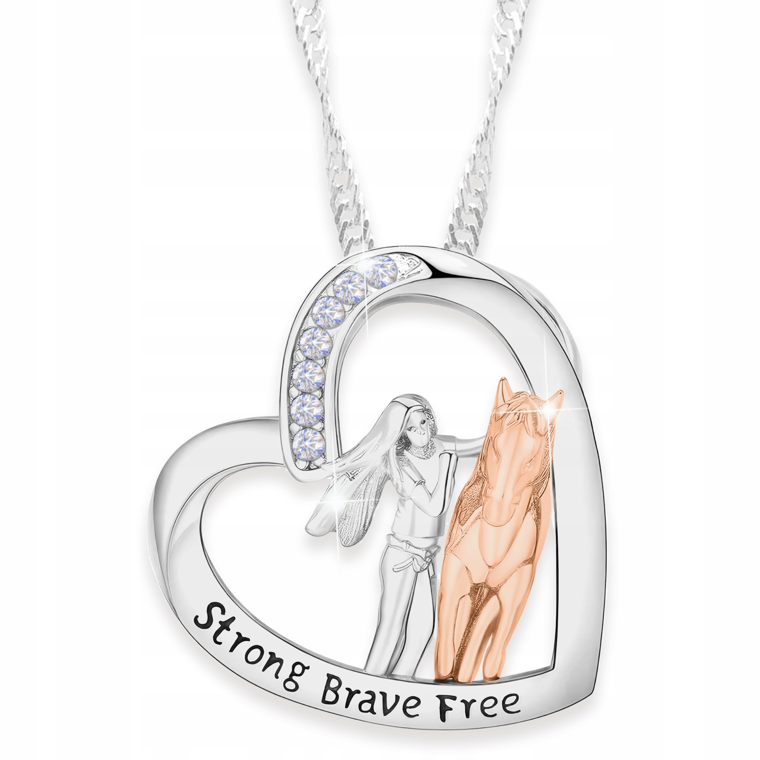 Stříbrný náhrdelník Žena s koněm Láska Srdce Zirkony Kůň Stříbro 925