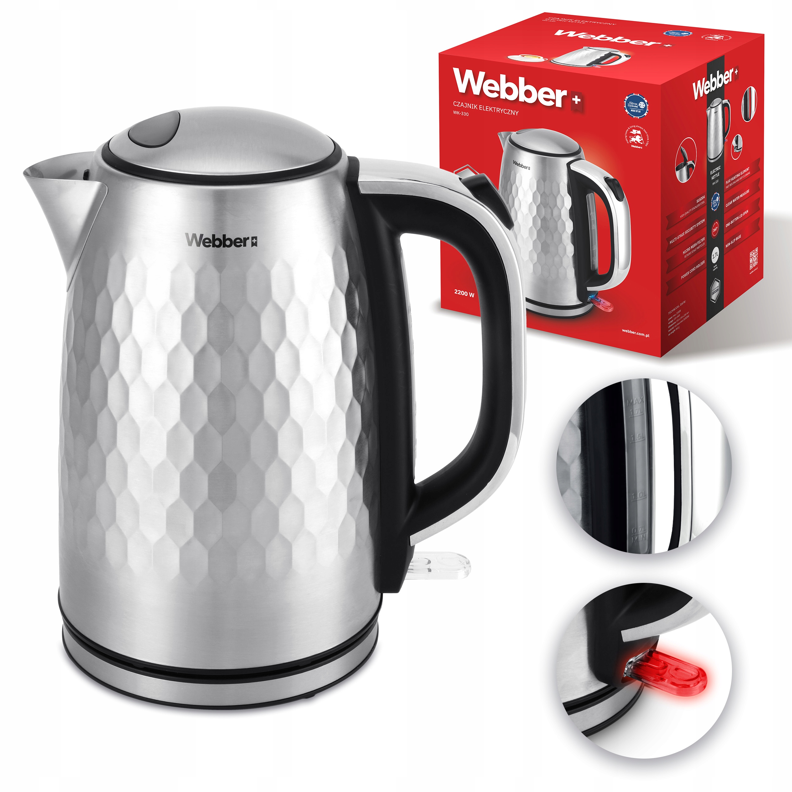 Elektrická bezdrátová varná konvice Webber WK-330 2200 W 1,7 l černá Inox