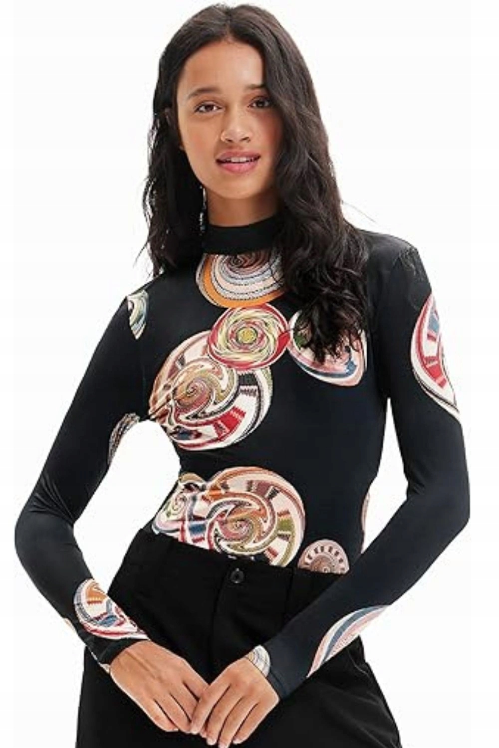 Dámské body Desigual Pacs černé s barevnými kruhy, stojáček, dlouhý rukáv vel. L