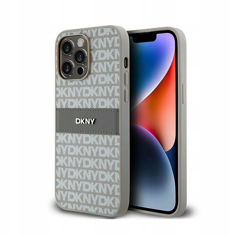 Dkny Leather Mono Stripe & Metal Logo Pouzdro pro iPhone 14 Pro (béžové)