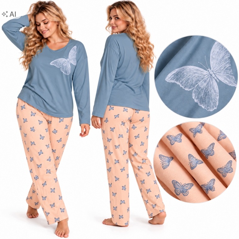 0821 Dámské pyžamo Bavlna Dlouhý rukáv Pohodlné Motýlci 52 54 6xl 7xl 4