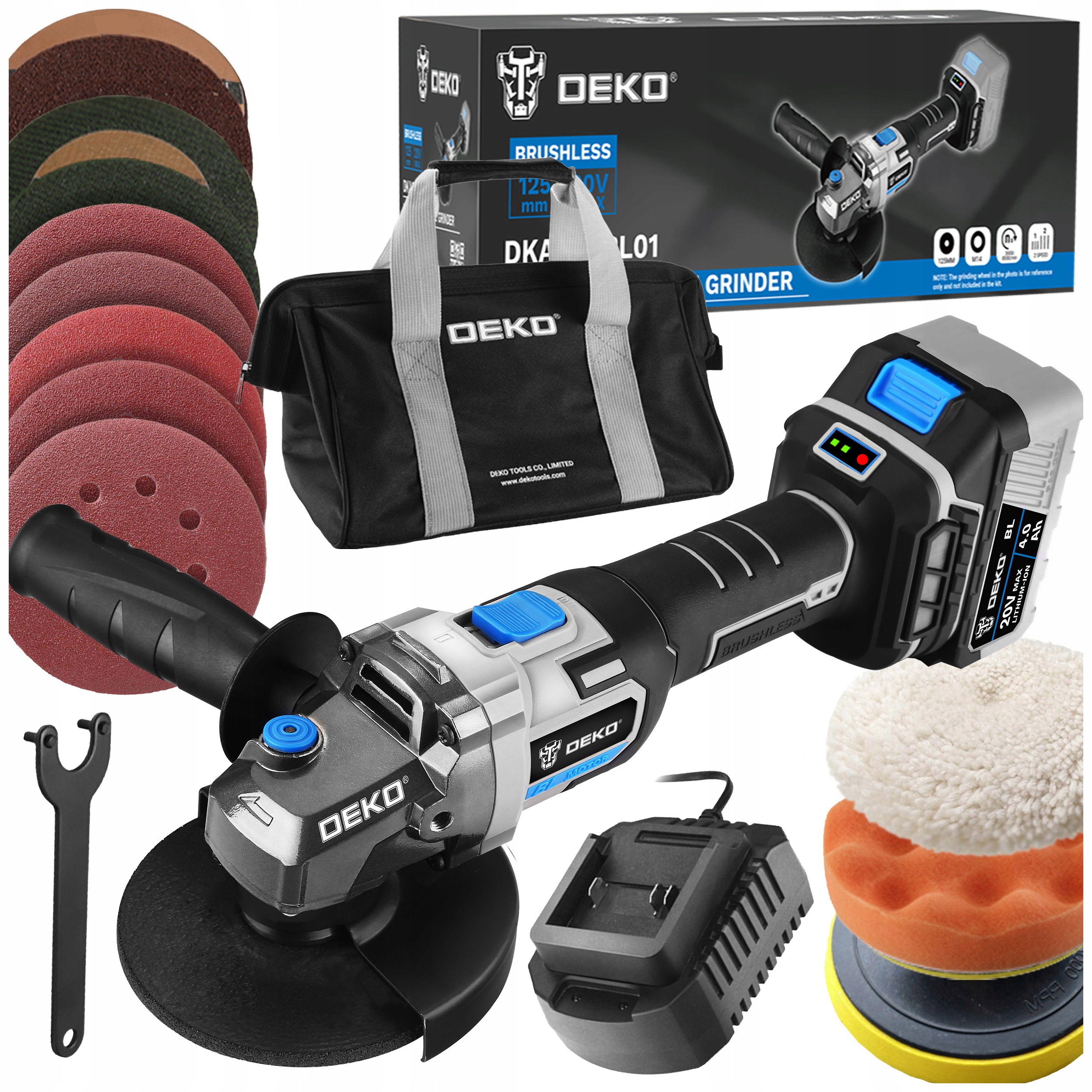 Szlifierka Kątowa Akumulatorowa Bezszczotkowa Gumówka Kątówka 4.0Ah Deko