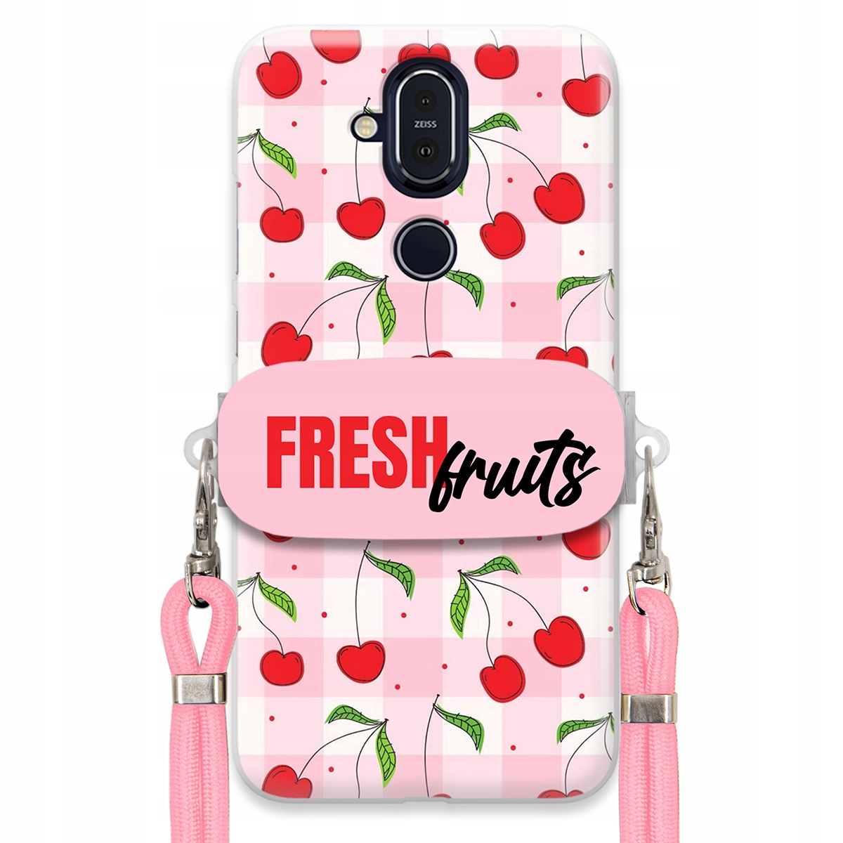 Pouzdro pro Nokia X7 Case Držák Šňůrka Růžová Fresh Fruits Mřížka Ovoce