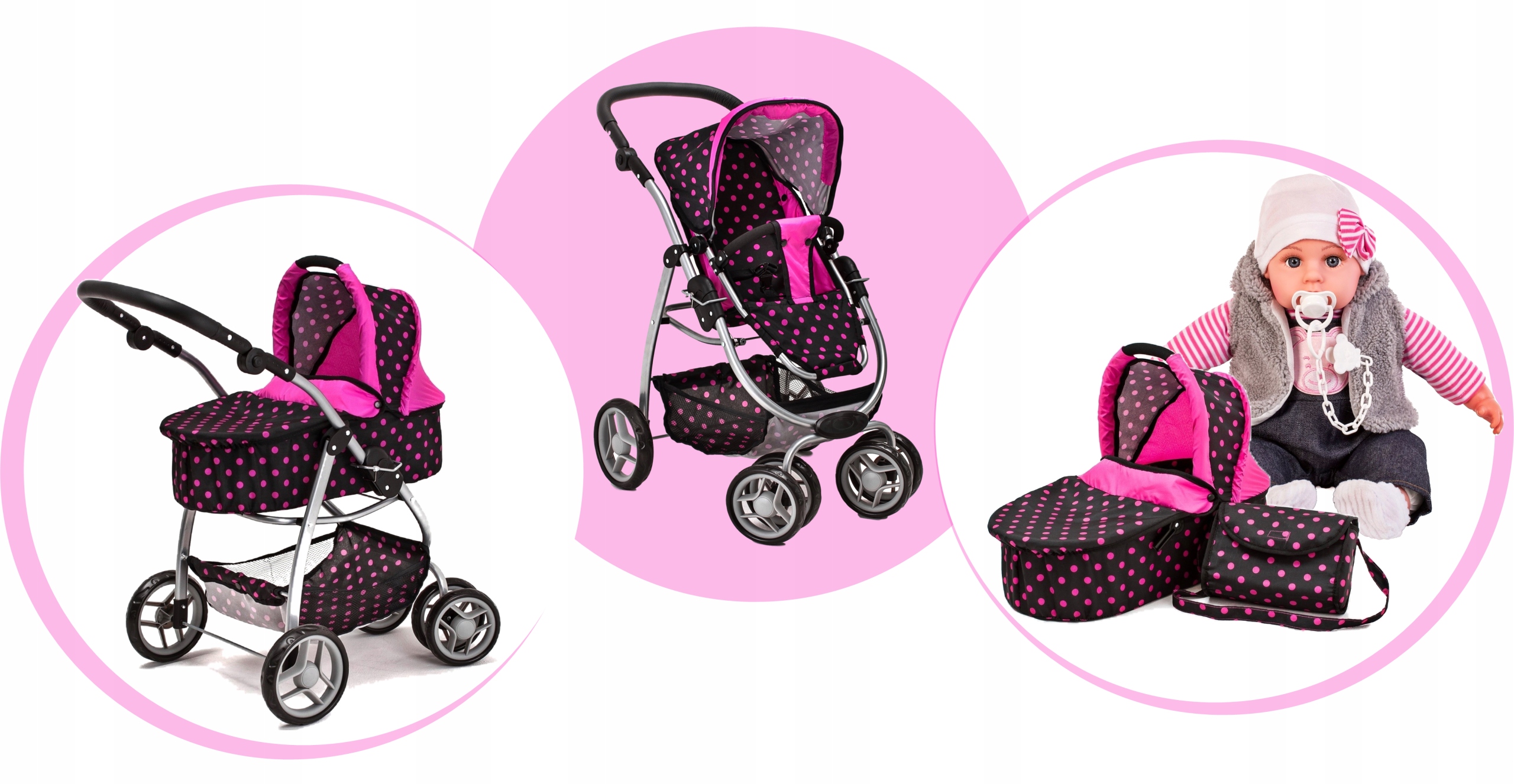 Duży wózek dla lalek SPACERÓWKA + GONDOLA + LALKA Kod producenta DM9662