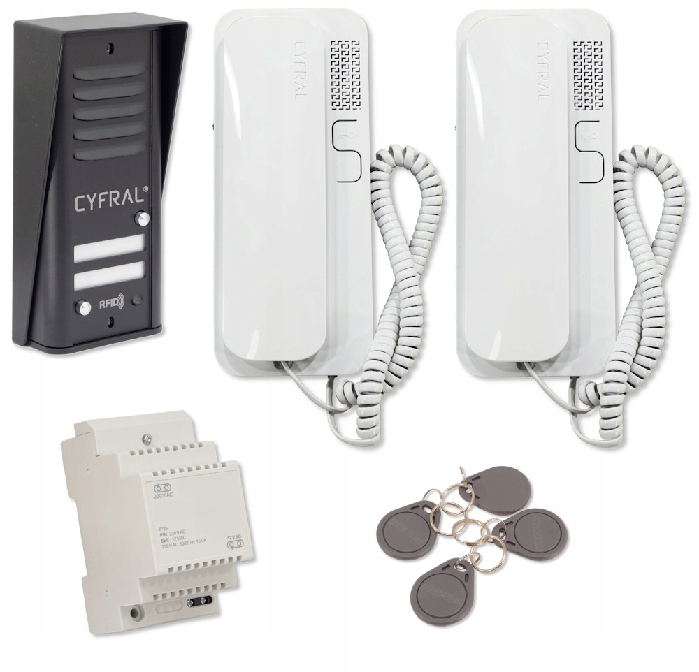 Domofon dwurodzinny Cyfral Cosmo R2 czarny panel , breloki (białe unifony