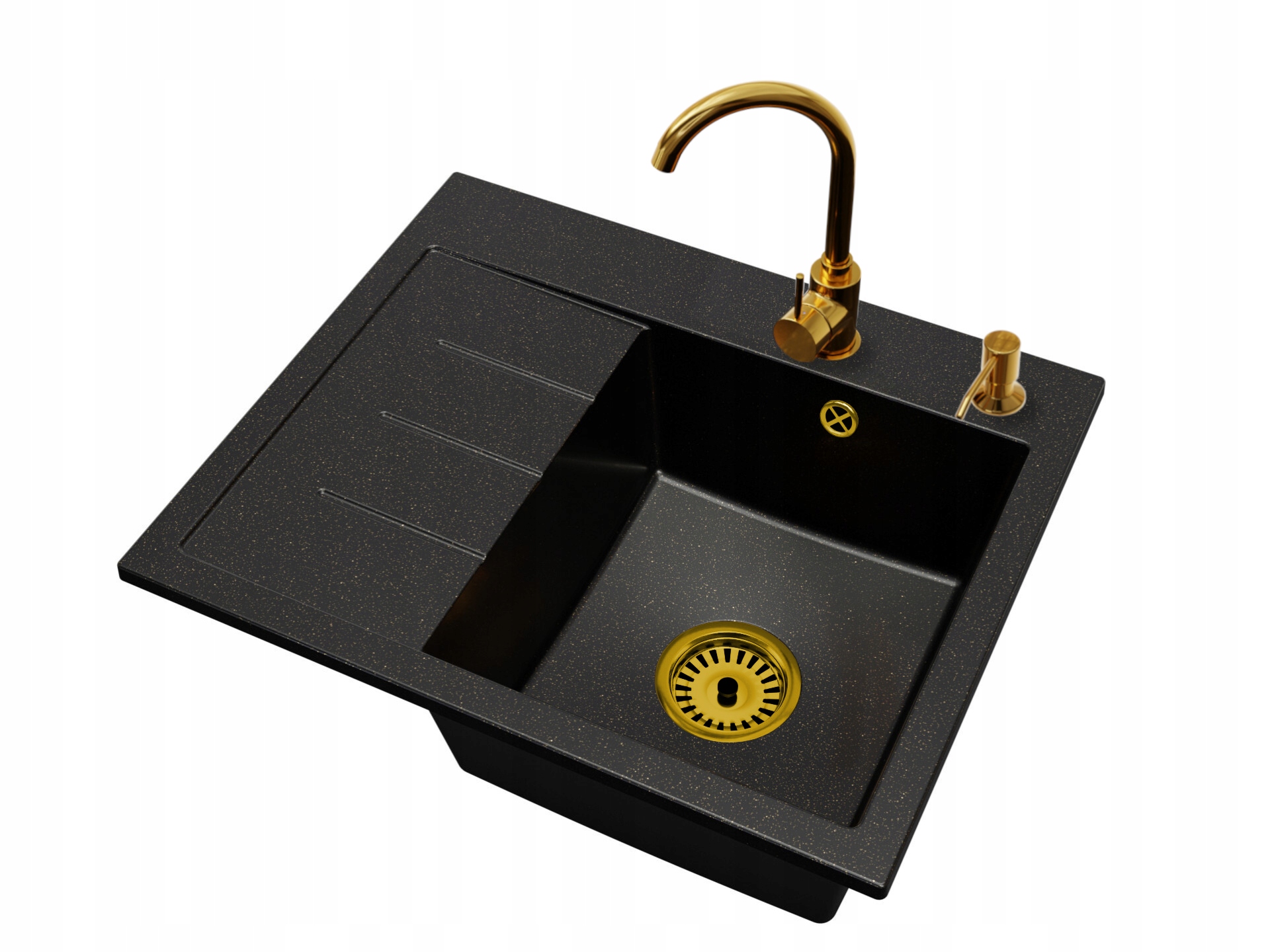 Kuchyňský dřez velký Exclusive 60 Levý sifon Zlatá baterie Dávkovač